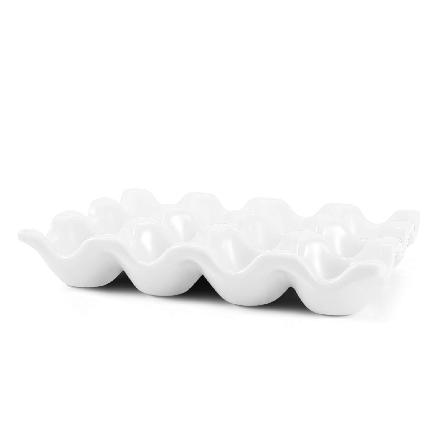 Flexzion bandeja de huevos cerámica blanca, ideal para refrigerar huevos cocidos sin mezclar sabores.