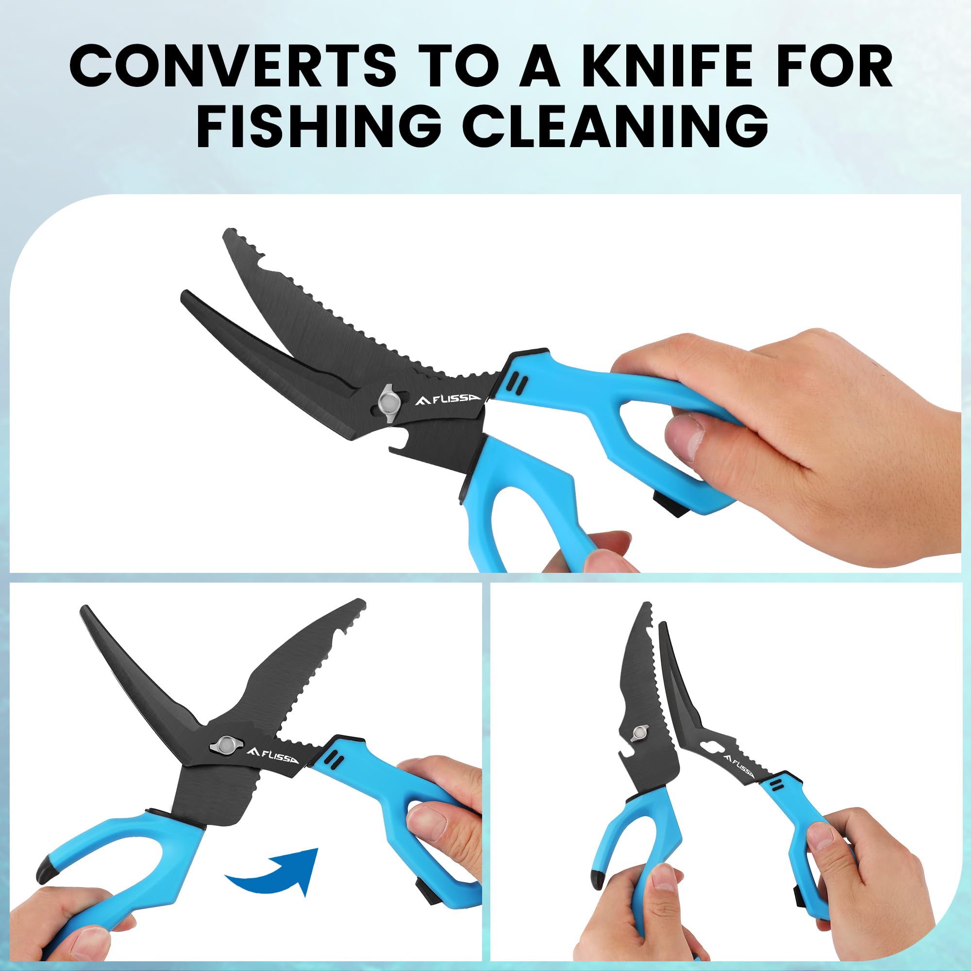 Tijeras FLISSA pesca 10 con funda protectora para transporte seguro.
