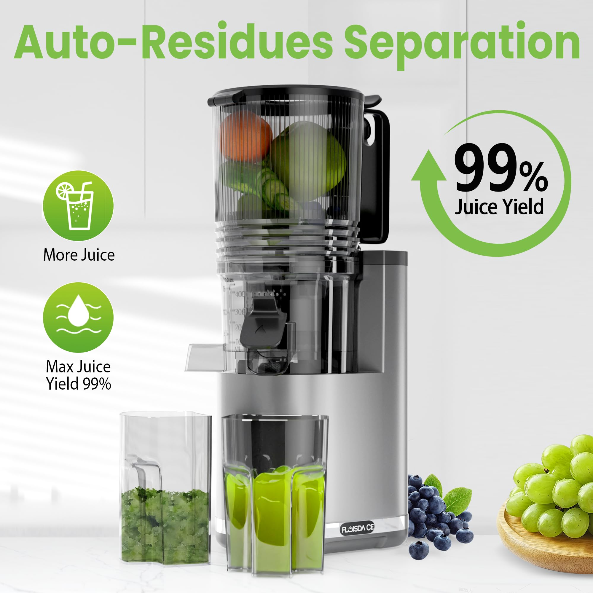 Floisdace extractor prensado frío, motor 350W para jugo intenso y limpio