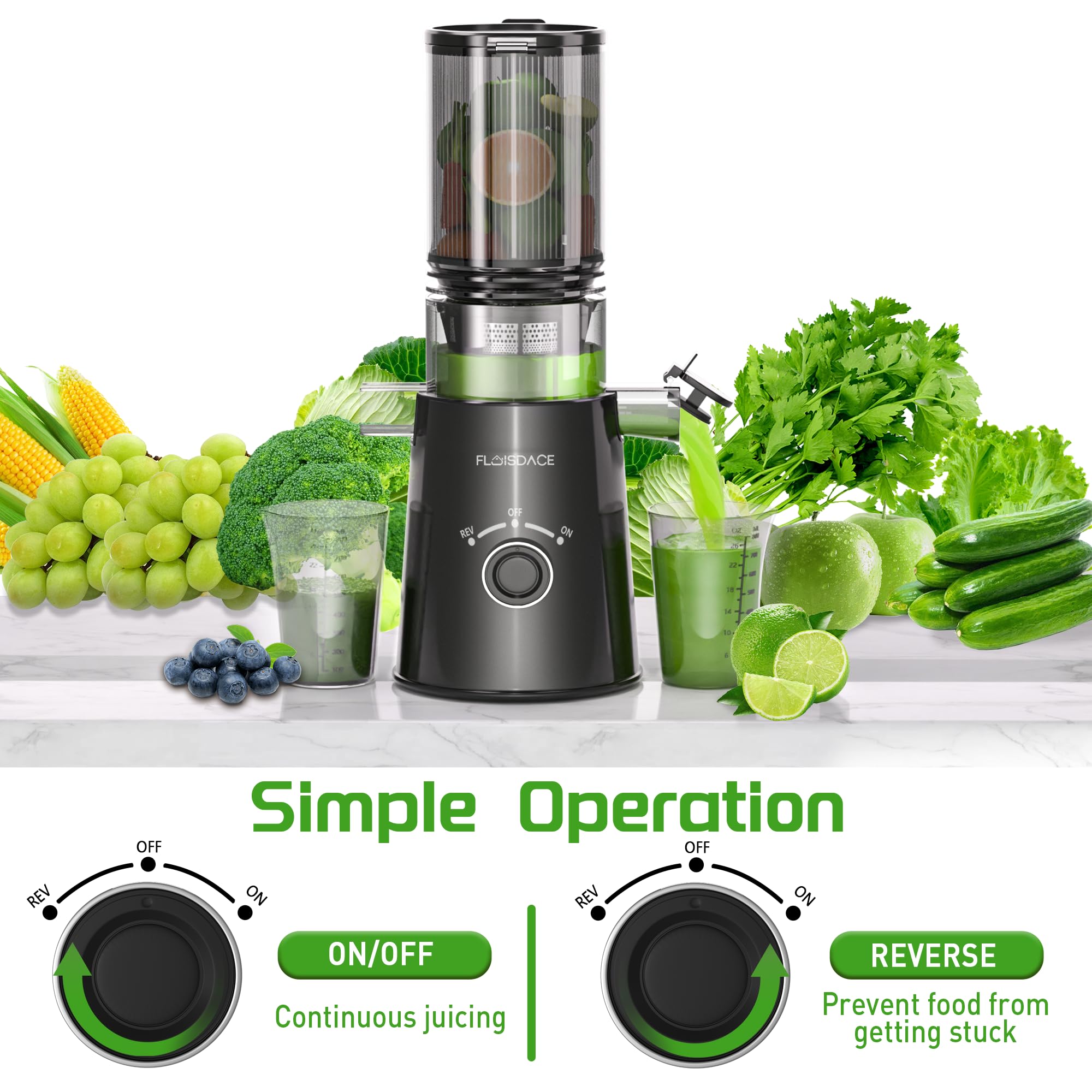 Floisdace Motor de alto par, extrae jugo de forma eficiente.