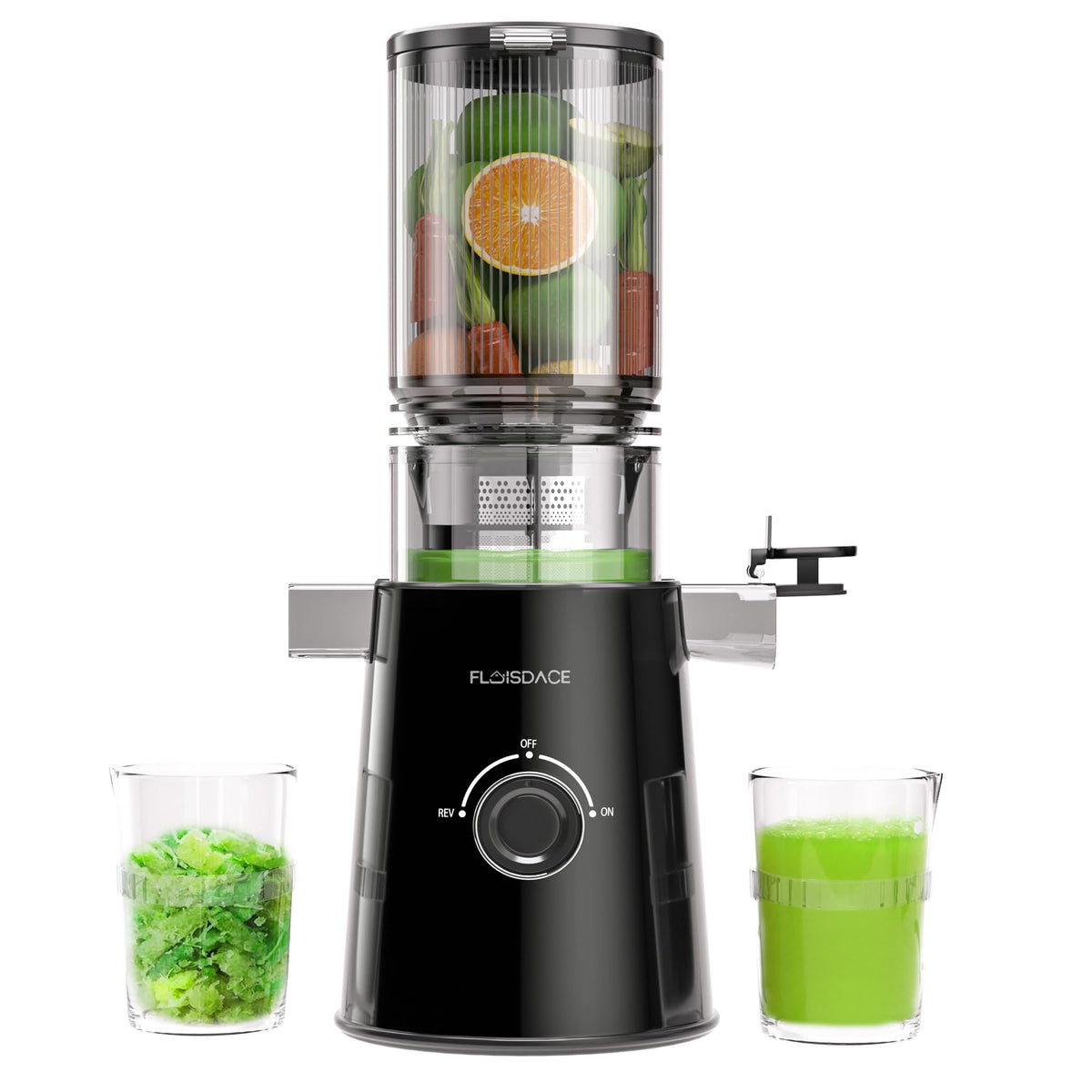 Floisdace Prensa fría, vista frontal negra, diseño compacto para jugos frescos en casa.