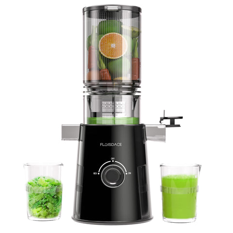 Floisdace Prensa fría, vista frontal negra, diseño compacto para jugos frescos en casa.