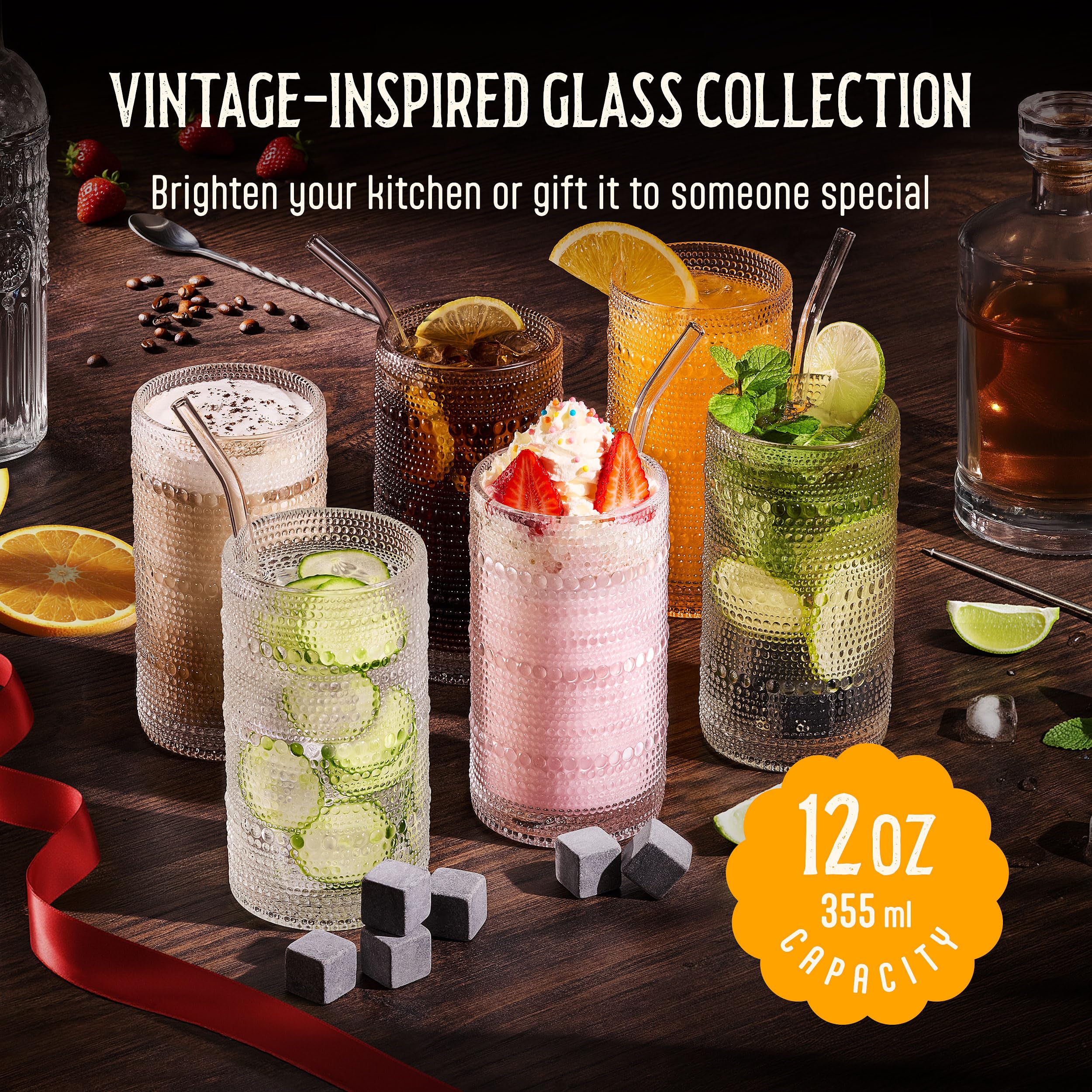 Vasos Florvani con relieve facetado de 12 oz para barra en casa, elegante sorbo.