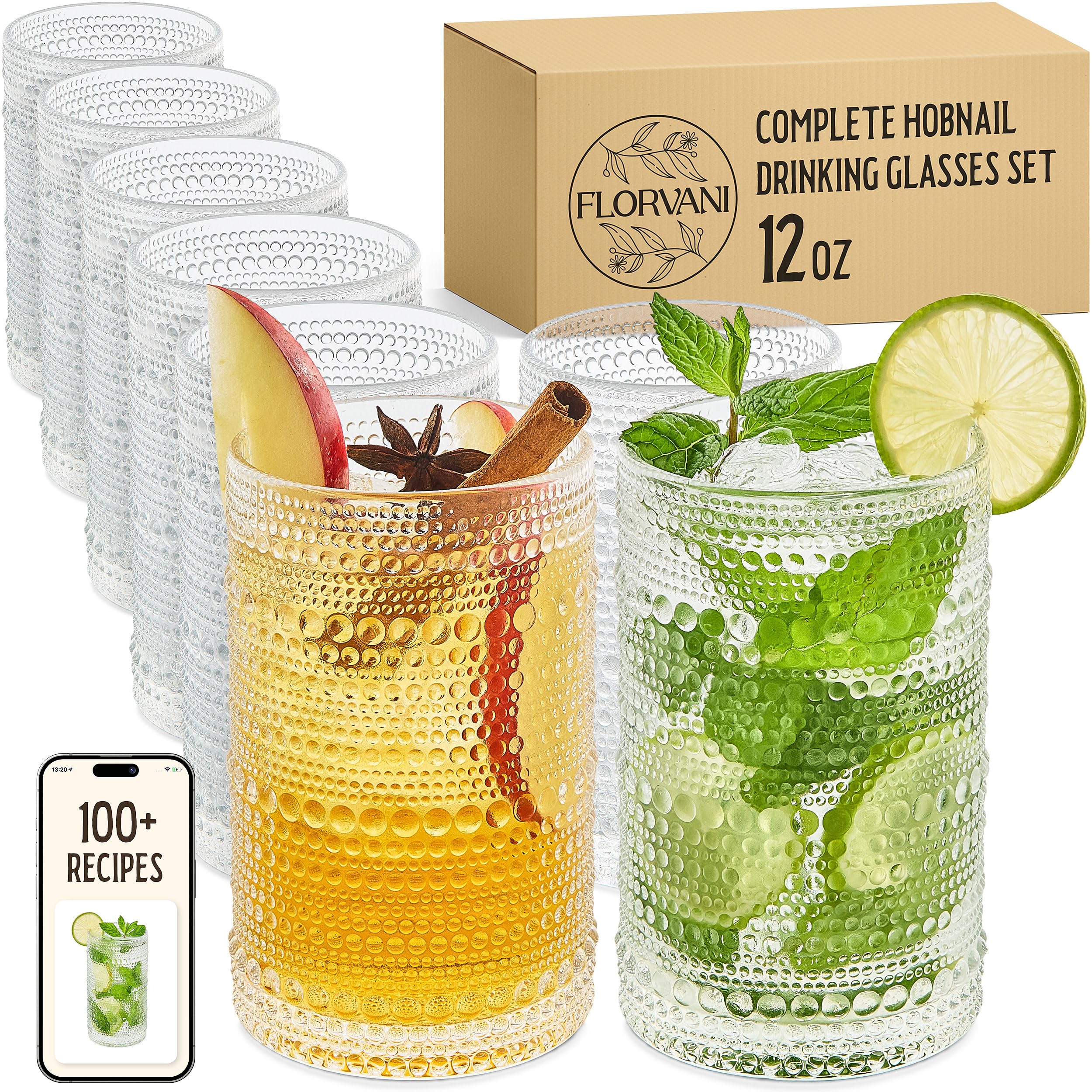 Vasos Florvani con relieve facetado de 12 oz, claros, ideales para cócteles y bebidas diarias.