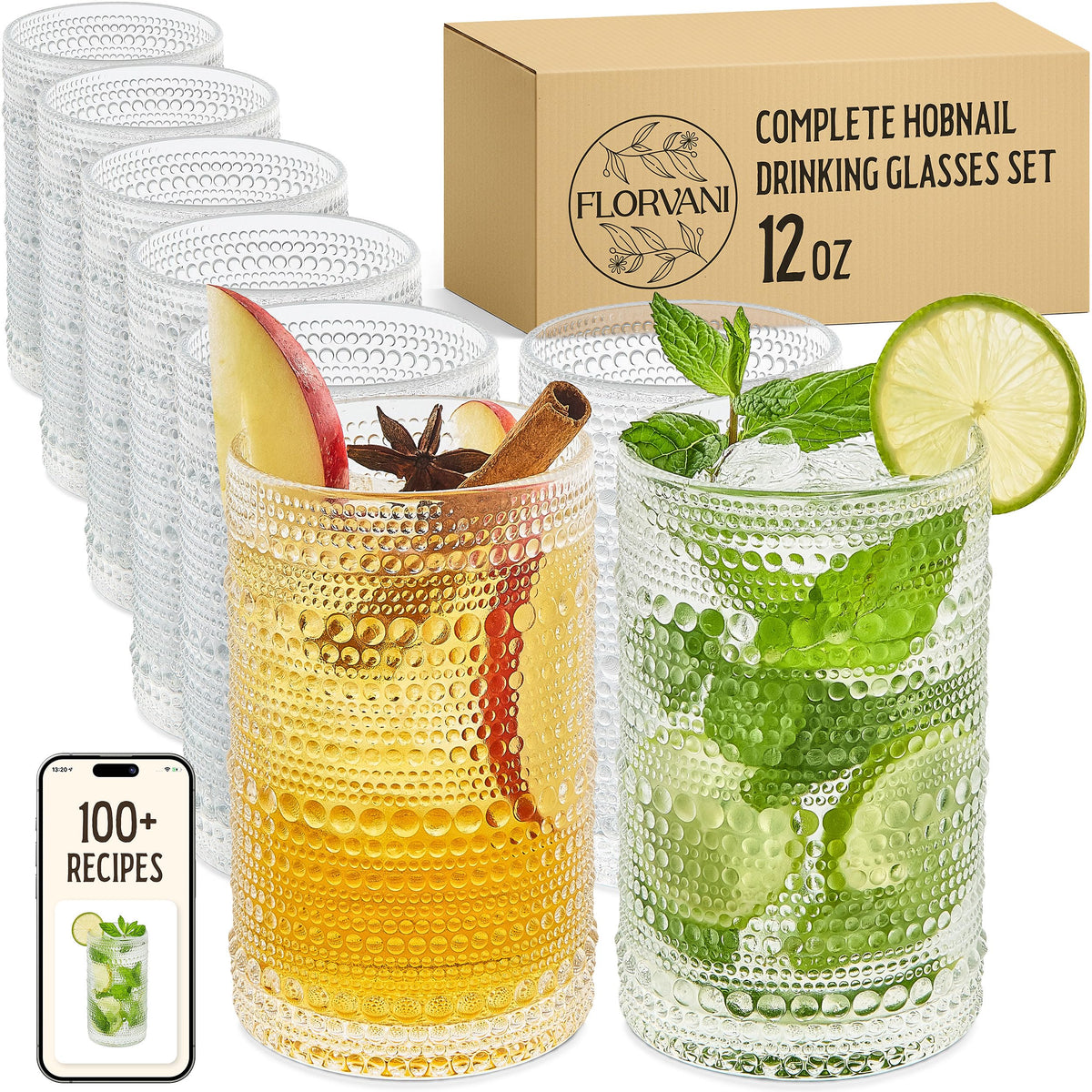 Vasos Florvani con relieve facetado de 12 oz, claros, ideales para cócteles y bebidas diarias.