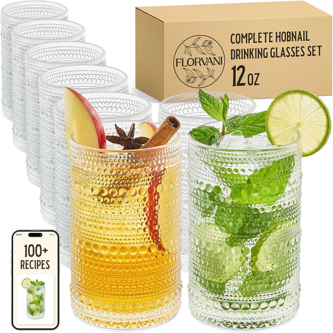 Vasos Florvani con relieve facetado de 12 oz, claros, ideales para cócteles y bebidas diarias.