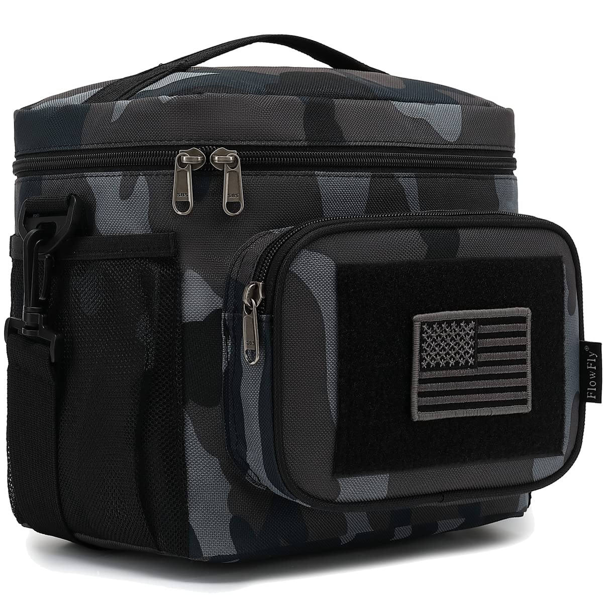 FlowFly bolsa de almuerzo aislada con diseño negro camuflado, ideal para comidas frías o calientes.