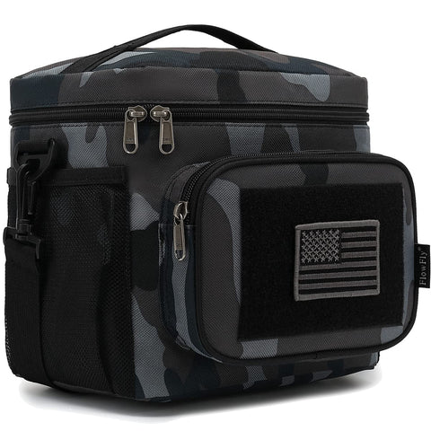 FlowFly bolsa de almuerzo aislada con diseño negro camuflado, ideal para comidas frías o calientes.