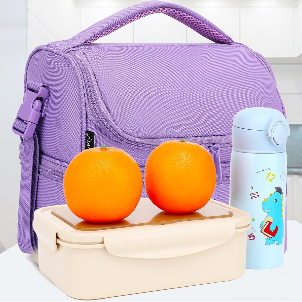 FlowFly morada: bolsa almuerzo morada con sistema de aislamiento para bebidas y alimentos.