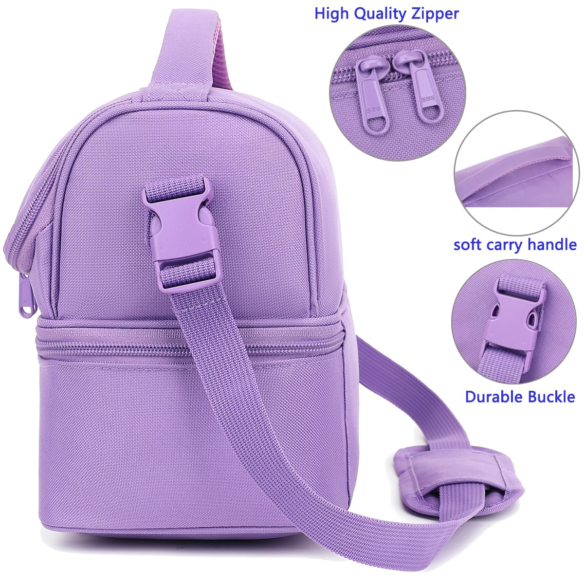 FlowFly morado doble-decker: correa ajustable para llevarlo como bolso cruzado o de hombro.