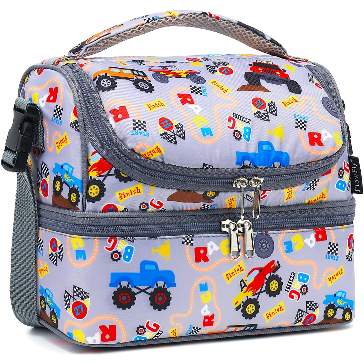 FlowFly bolsa doble nivel con diseño de camión, ideal para llevar almuerzos aislados.