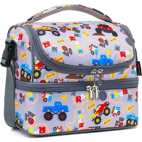 FlowFly bolsa doble nivel con diseño de camión, ideal para llevar almuerzos aislados.