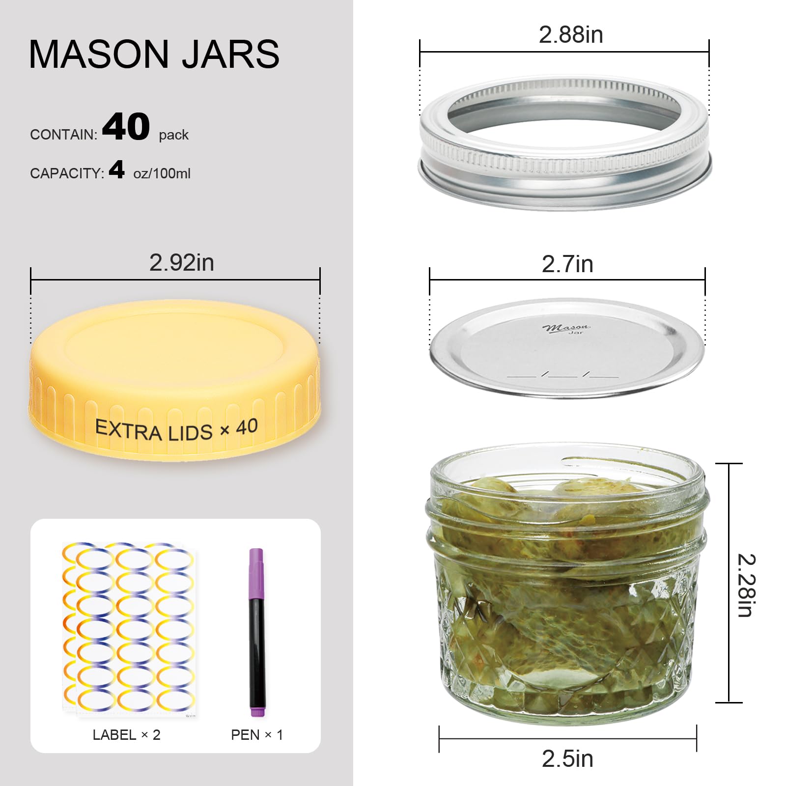 Frasco Flrolove Mason 4 oz con diseño diamante, ideal para mermeladas caseras