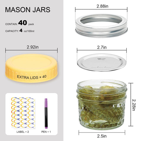 Frasco Flrolove Mason 4 oz con diseño diamante, ideal para mermeladas caseras