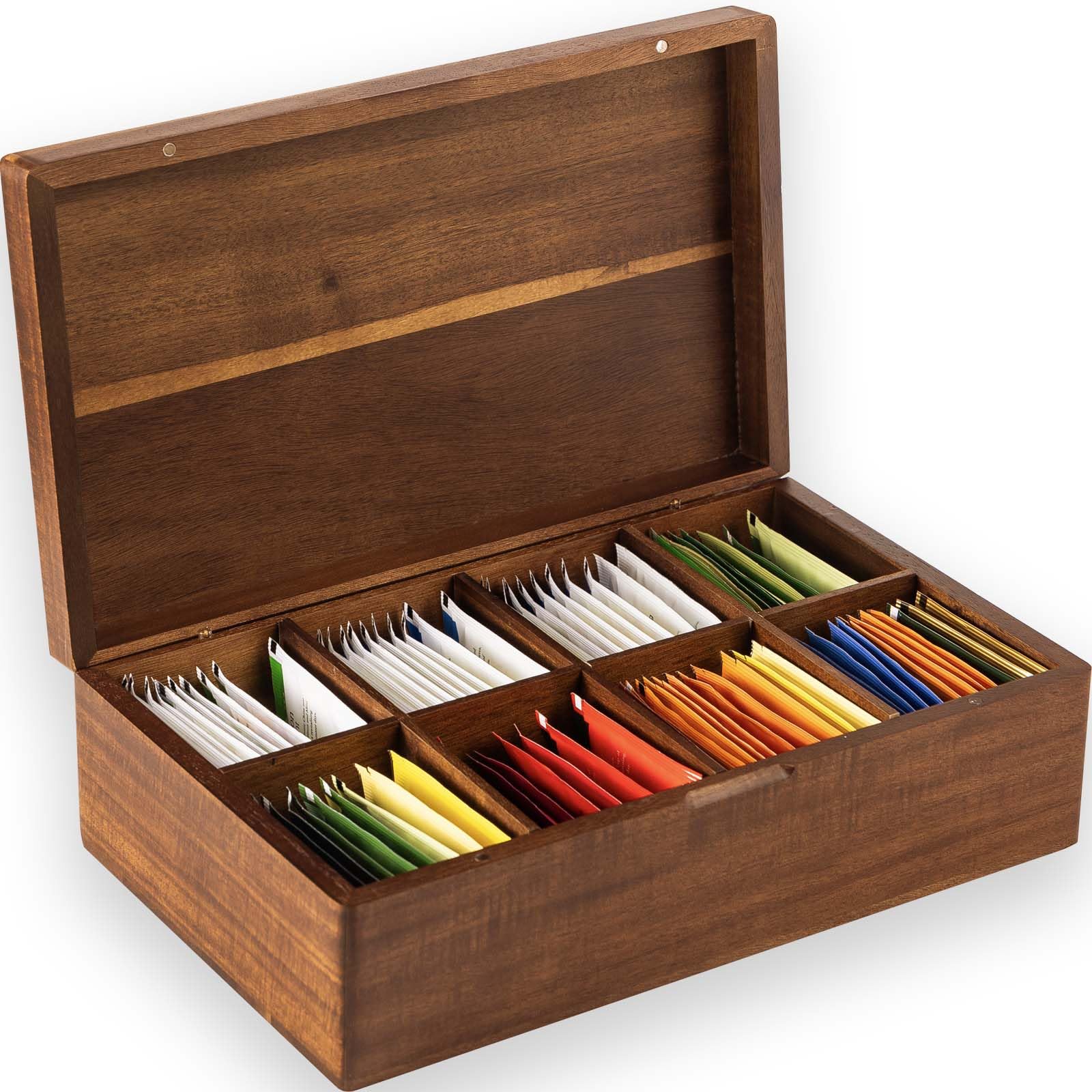 Organizador de bolsitas de té FLYIEE en acacia con 8 compartimentos para ordenar.