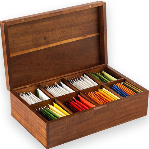 Organizador de bolsitas de té FLYIEE en acacia con 8 compartimentos para ordenar.