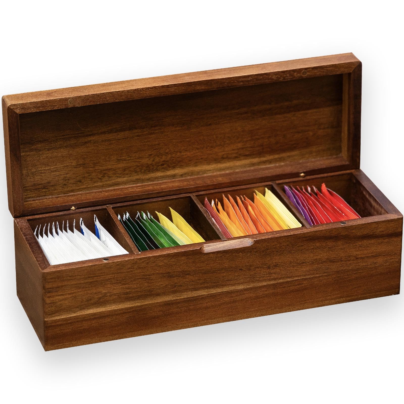 Organizador de bolsitas de té FLYIEE en acacia con 4 compartimentos, mostrado en frontal.
