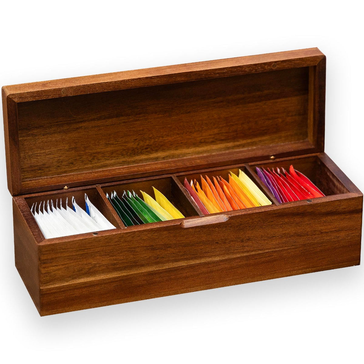 Organizador de bolsitas de té FLYIEE en acacia con 4 compartimentos, mostrado en frontal.