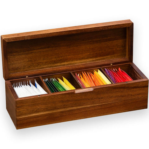 Organizador de bolsitas de té FLYIEE en acacia con 4 compartimentos, mostrado en frontal.