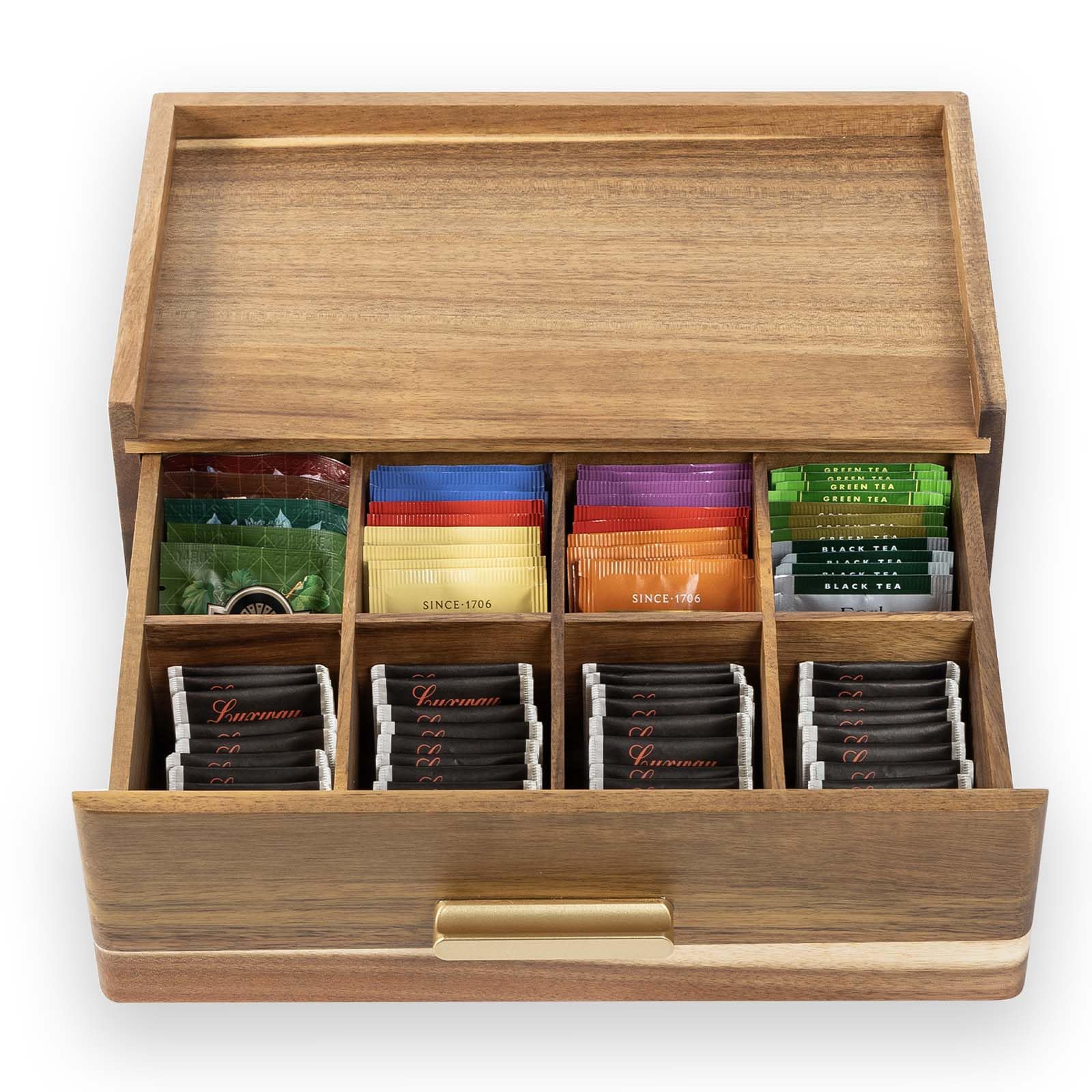 Flyiee organizador de té de acacia en mostrador, diseño práctico.