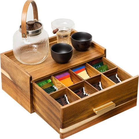 Flyiee organizador de té de acacia con tirador dorado, almacenamiento elegante.