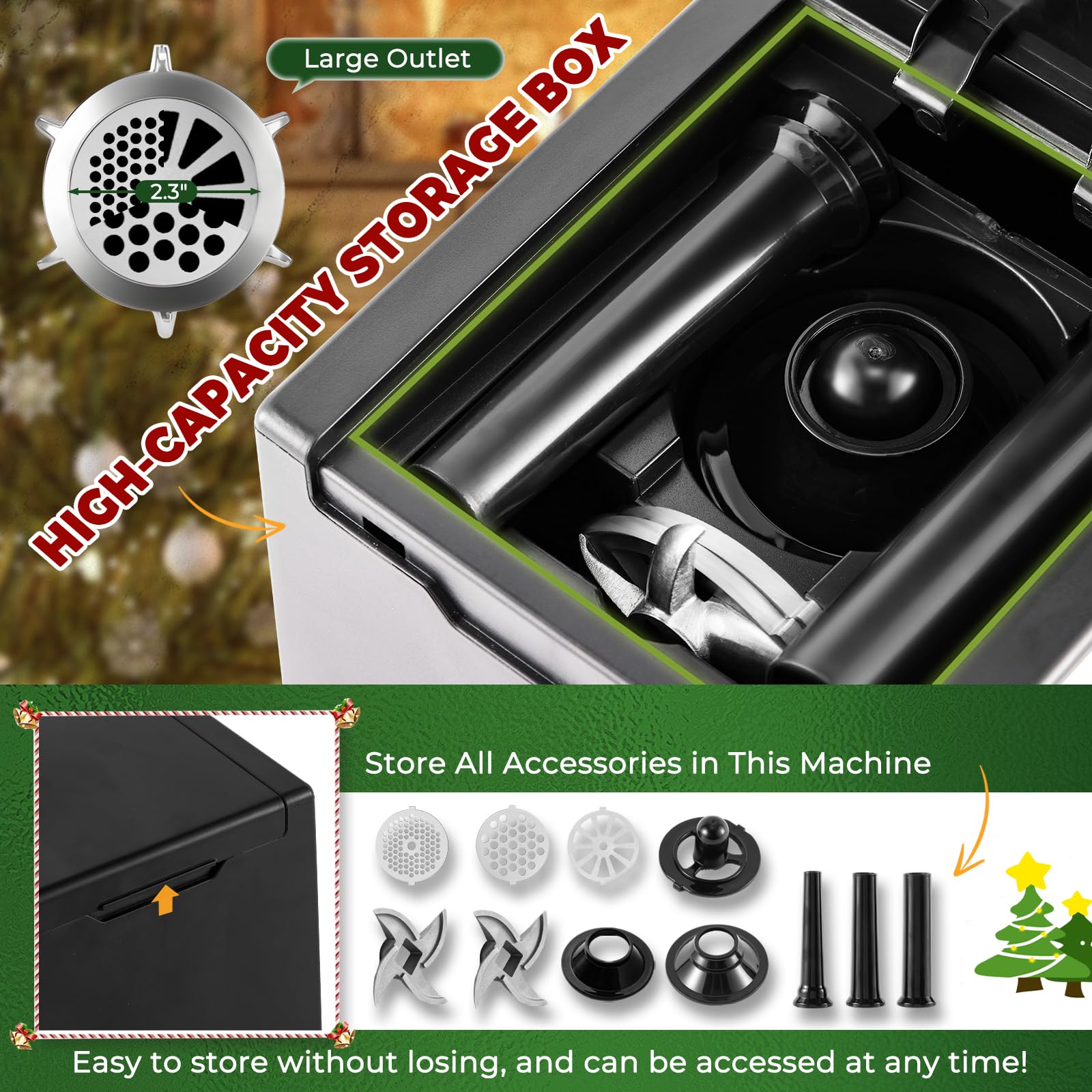 Flyseago picadora-capacidad-alta, depósito integrado para guardar accesorios.