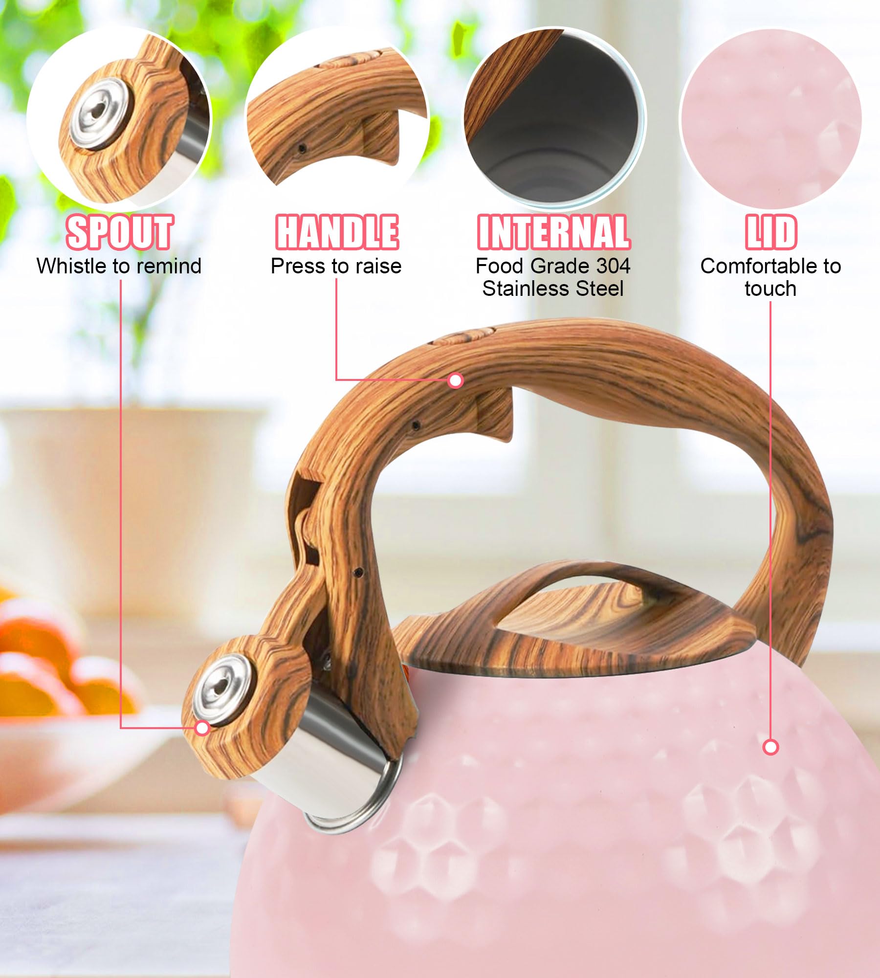 Hervidor Foedo rosa, mango de madera ergonómico para verter cómodamente