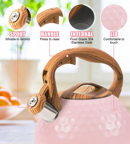 Hervidor Foedo rosa, mango de madera ergonómico para verter cómodamente