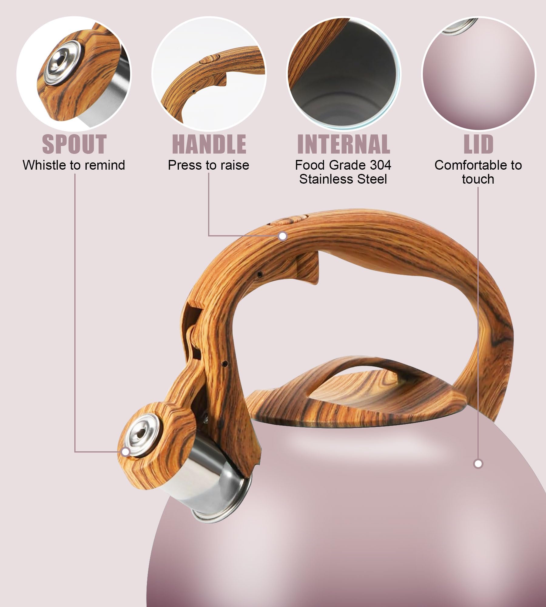 Tetera Foedo con asa de madera, agarre cómodo para verter con precisión.