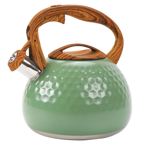 Foedo tetera verde esmeralda con mango de madera ergonómico para vertido cómodo de té.