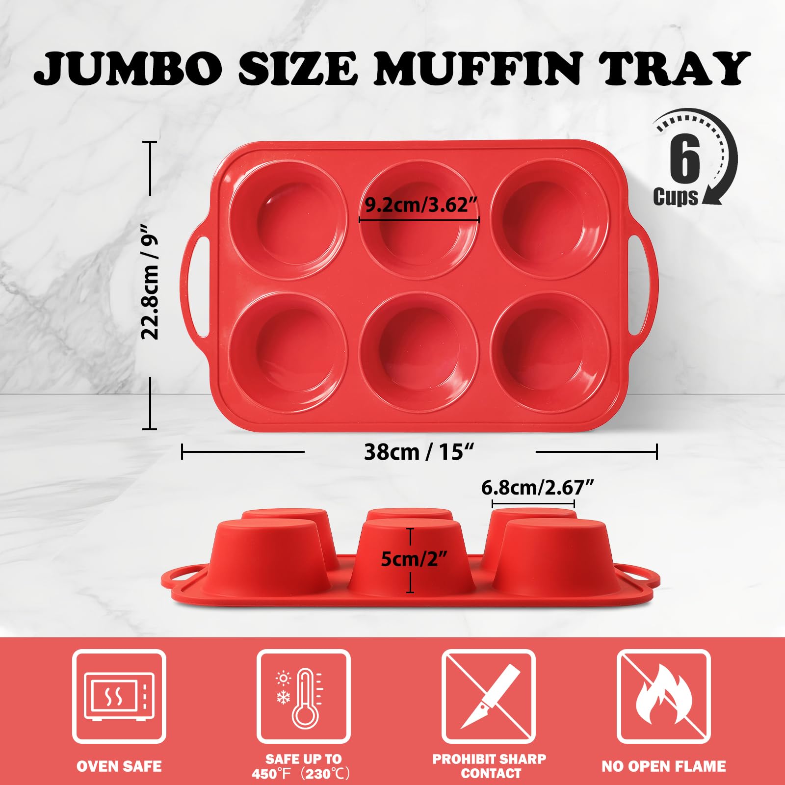 Foepoge molde magdalenas silicona jumbo 6 cupos con asas, cómodo para hornear