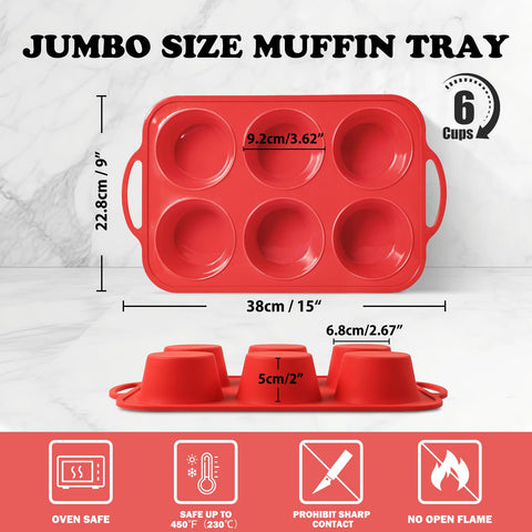 Foepoge molde magdalenas silicona jumbo 6 cupos con asas, cómodo para hornear