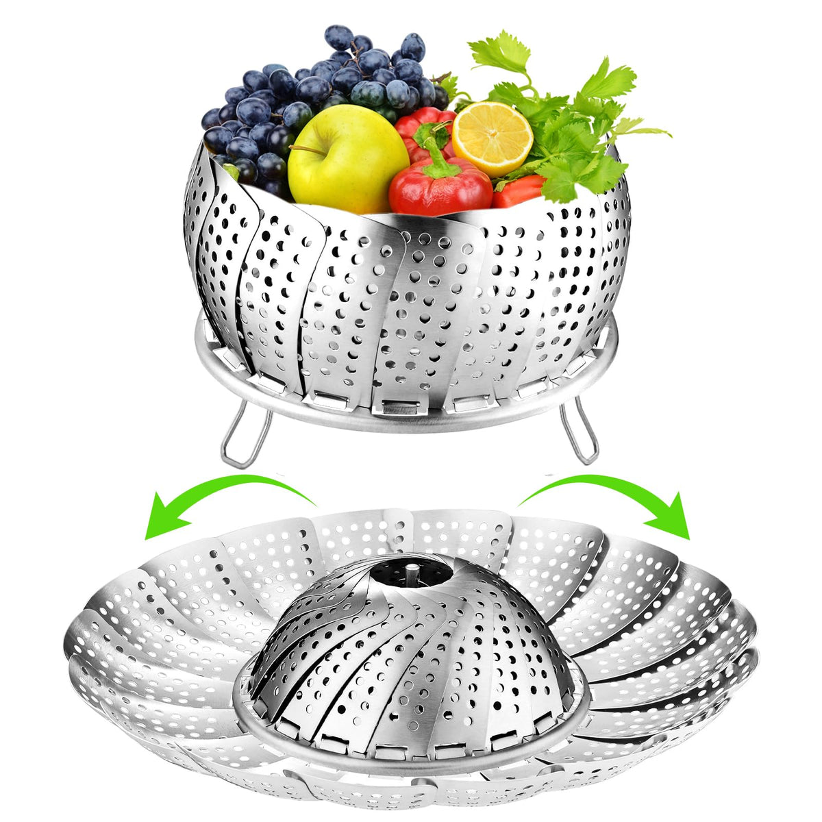 FOFAYU Cesta de vapor para verduras en acero 304; mantiene sabor y nutrientes al vapor.