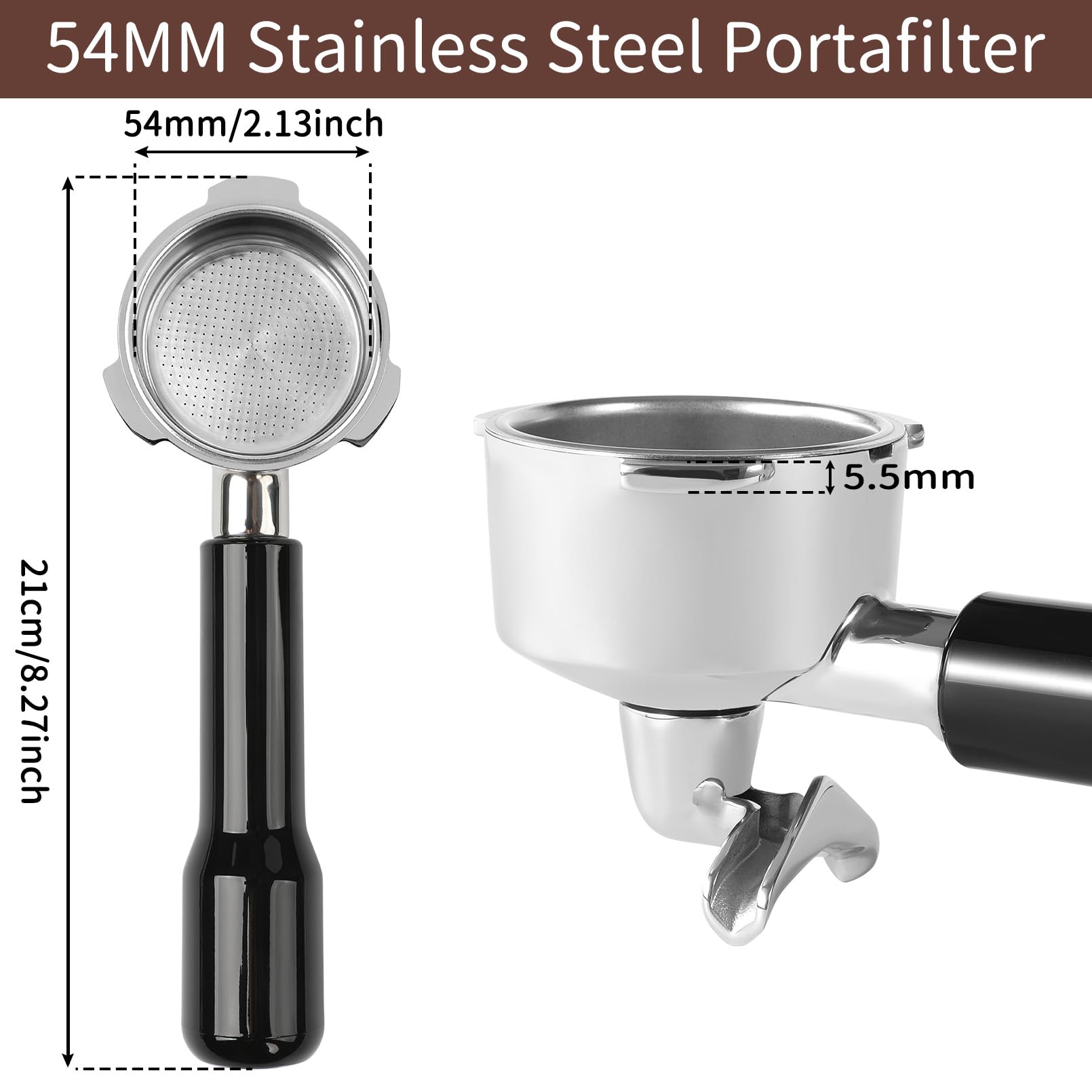 Fogkay portafiltro 54mm, cabeza en acero pulido para durabilidad y acabado profesional.