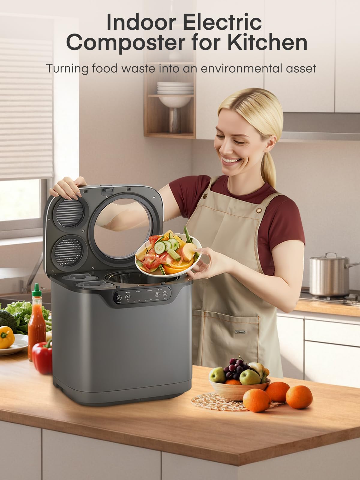 FOHERE composter eléctrico; cuerpo de acero inoxidable garantiza durabilidad.