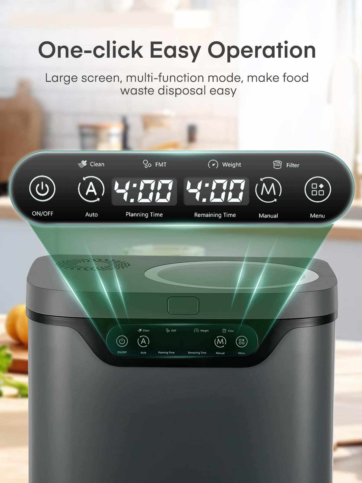 FOHERE composter eléctrico; filtro de carbono reduce olores durante el uso.