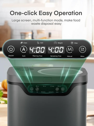 FOHERE composter eléctrico; filtro de carbono reduce olores durante el uso.