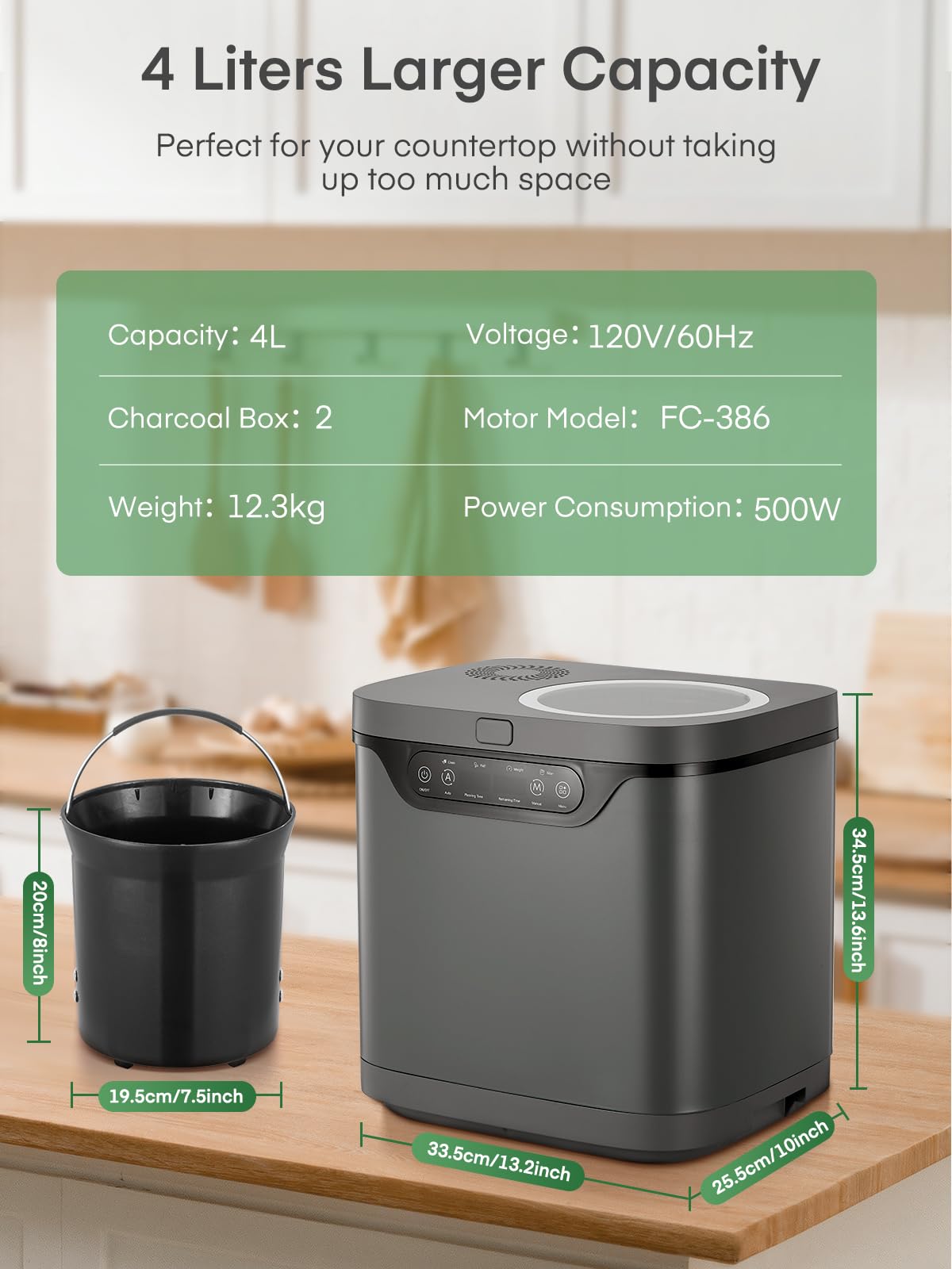 FOHERE composter eléctrico; progreso visible ayuda a planificar la reutilización del compost.