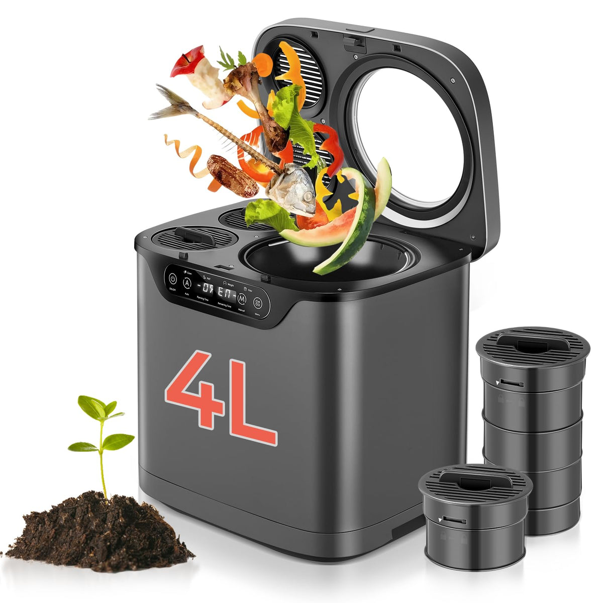 FOHERE composter eléctrico de cocina con ventana visible; vigila el progreso del compostaje.