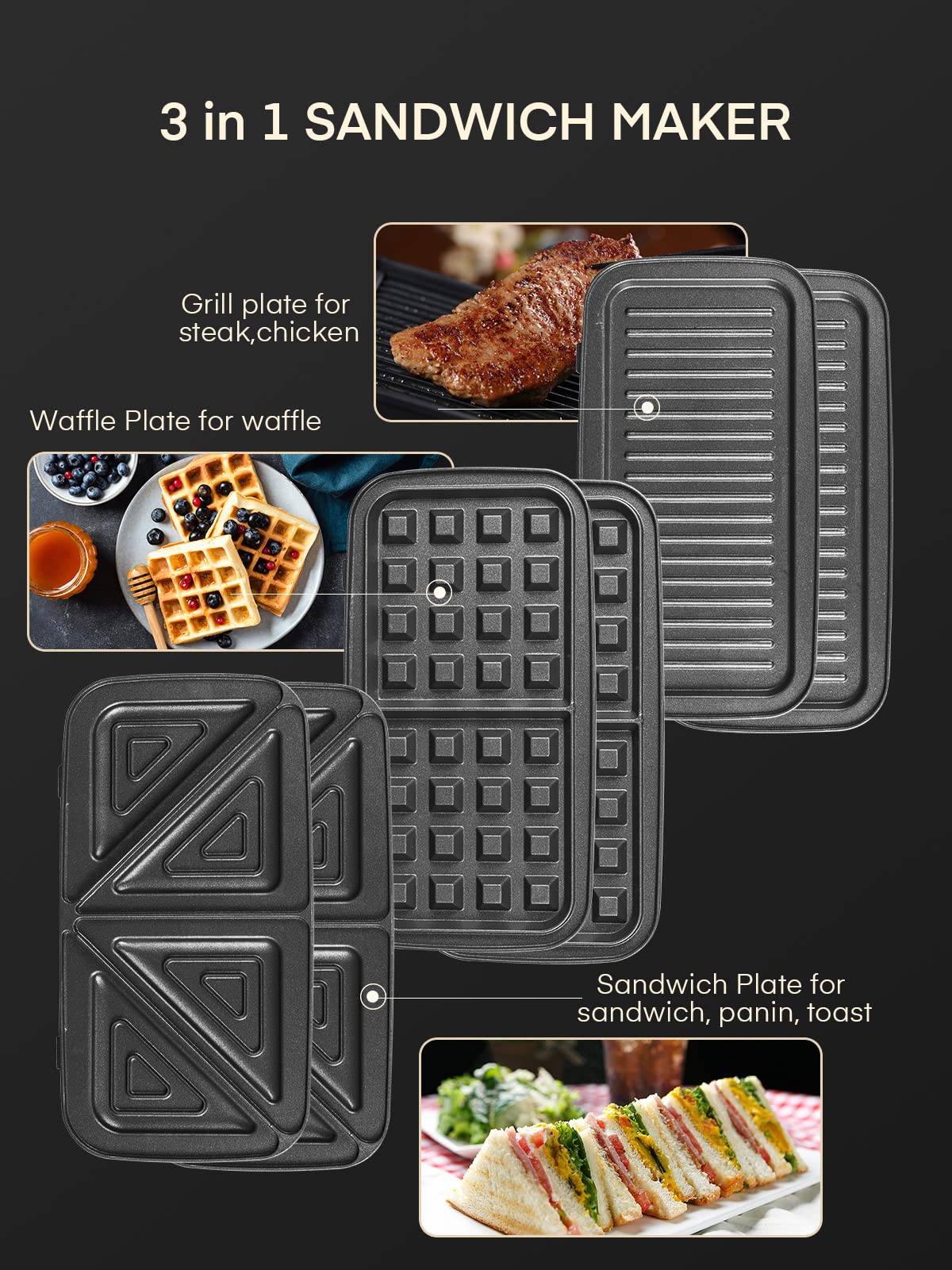 FOHERE máquina sándwich 3 en 1 con placas removibles para gofres dorados