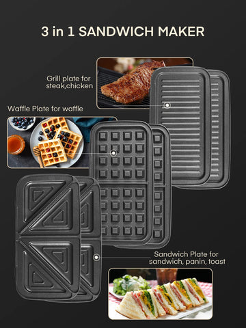 FOHERE máquina sándwich 3 en 1 con placas removibles para gofres dorados