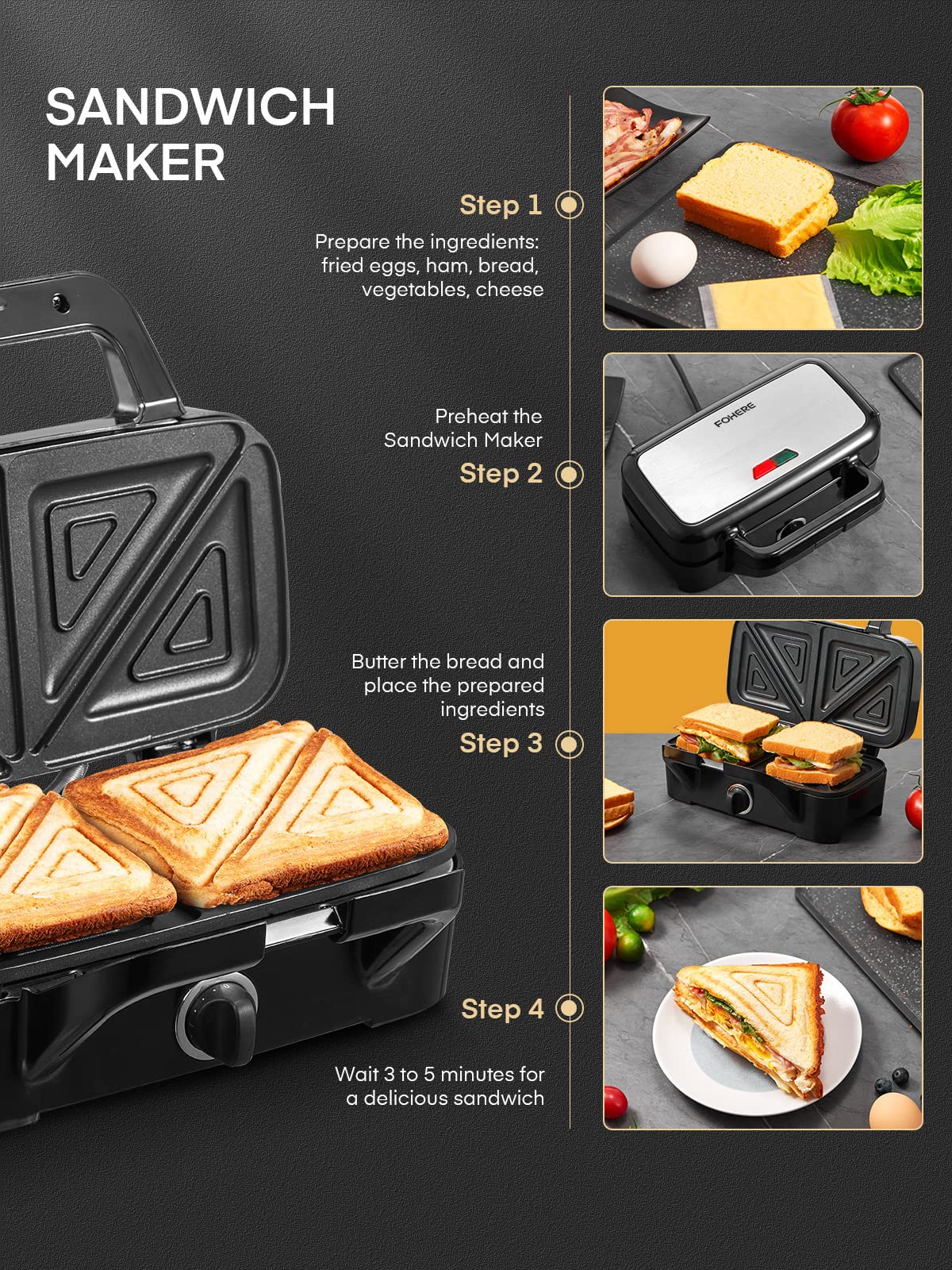 FOHERE máquina sándwich 3 en 1 con placas removibles para parrillas y asados