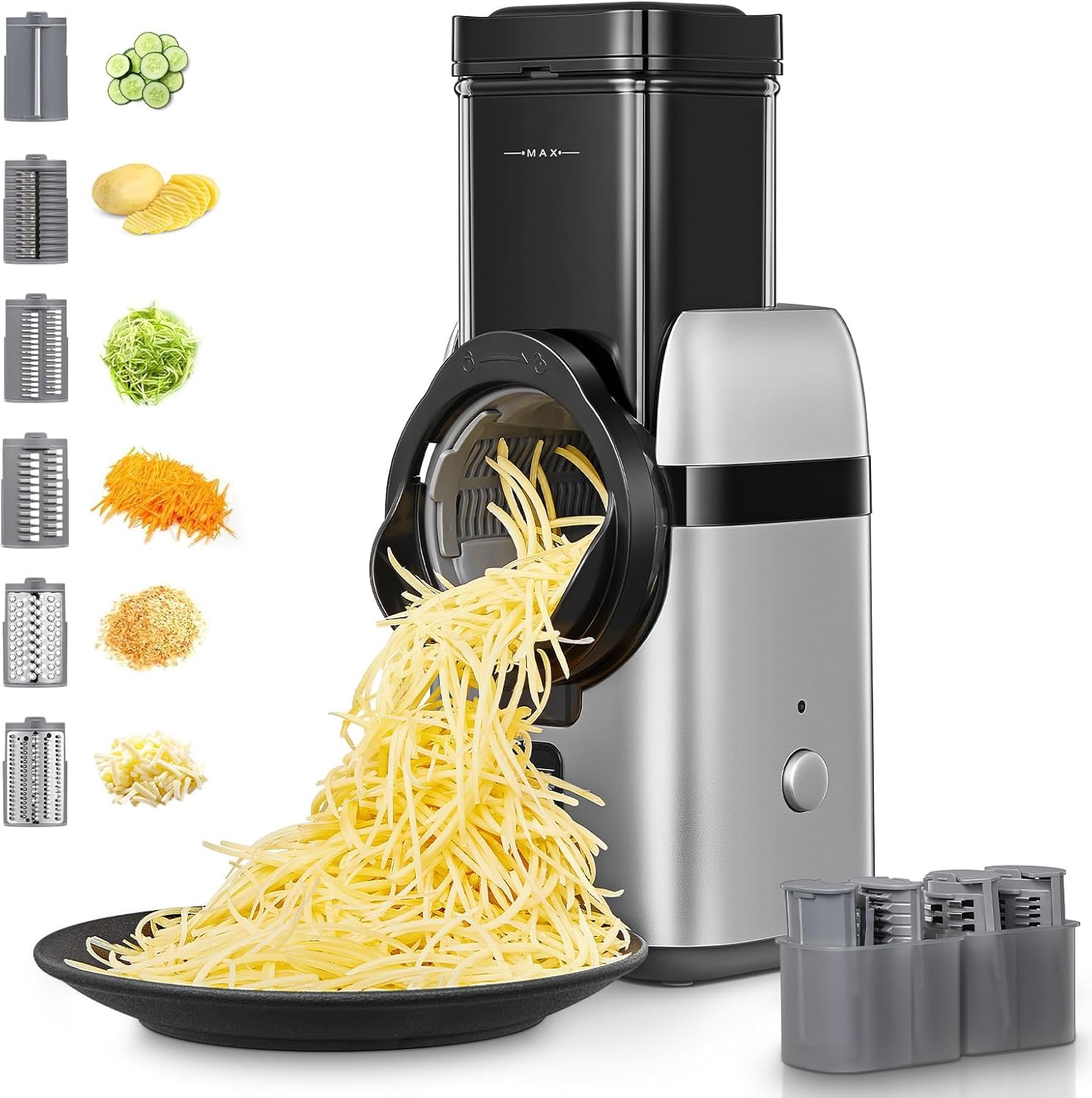 FOHERE rallador eléctrico 6-en-1 con versatilidad para queso y verduras.