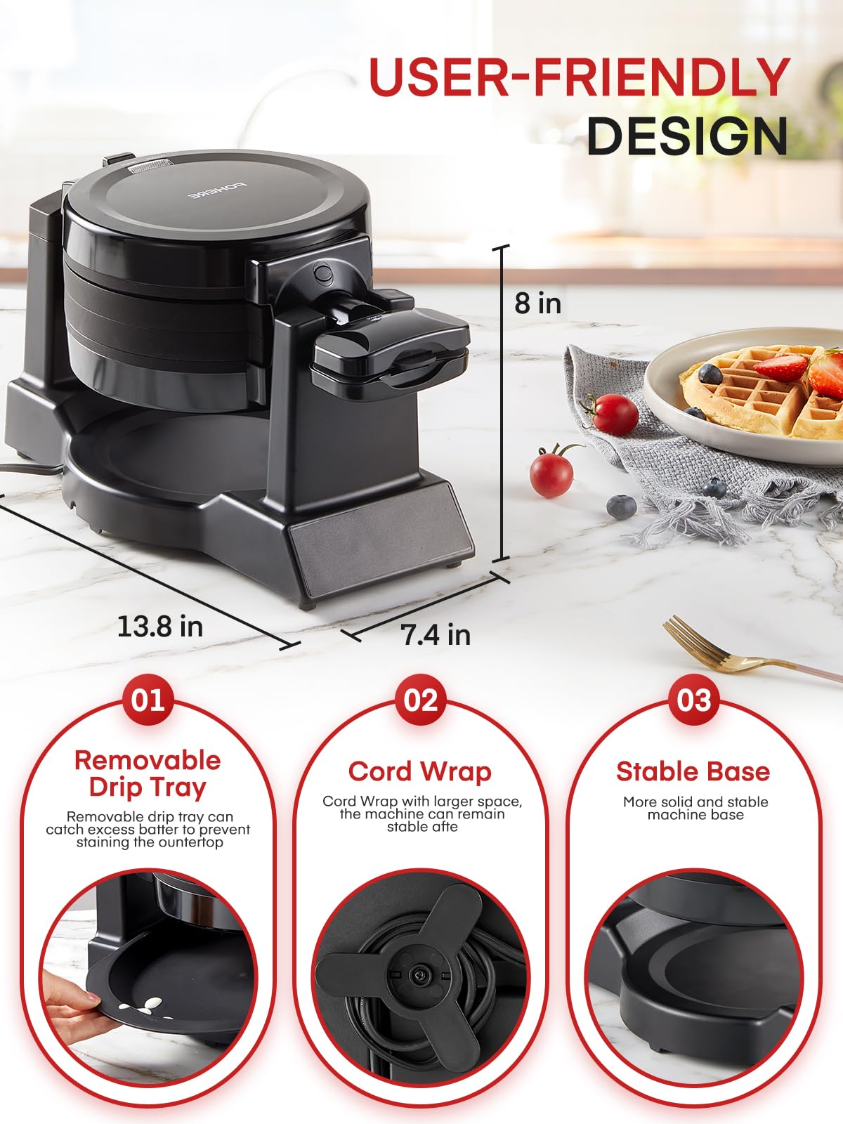 FOHERE Waffle Maker bandeja de goteo removible facilita limpieza.