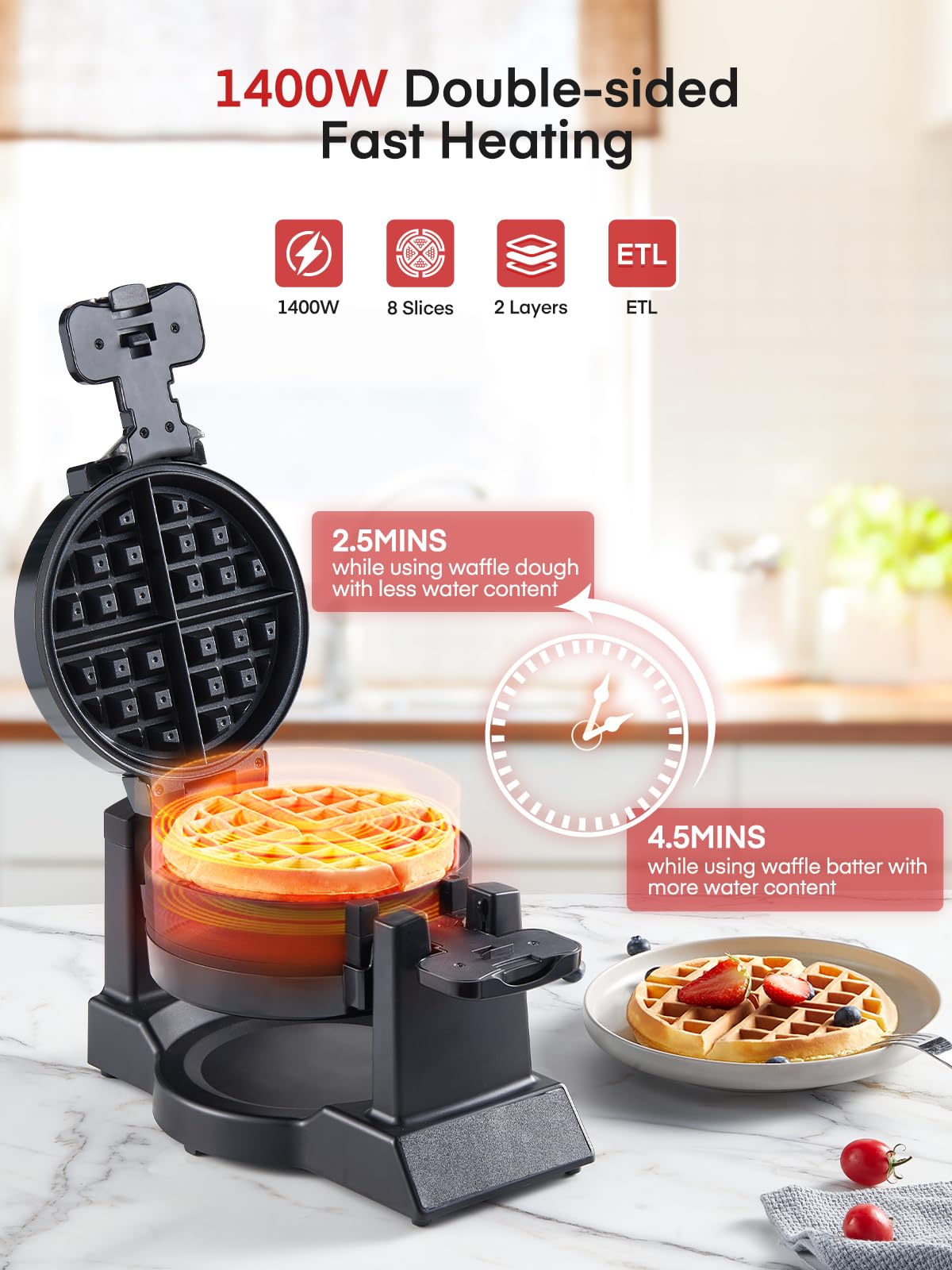 FOHERE Waffle Maker giro de 180° para cocción uniforme.