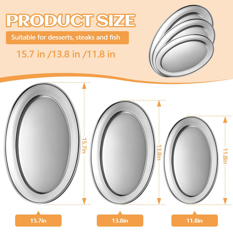 Bandeja oval FoldTier de 15-7 pulgadas en acero inoxidable, adecuada para porciones grandes.