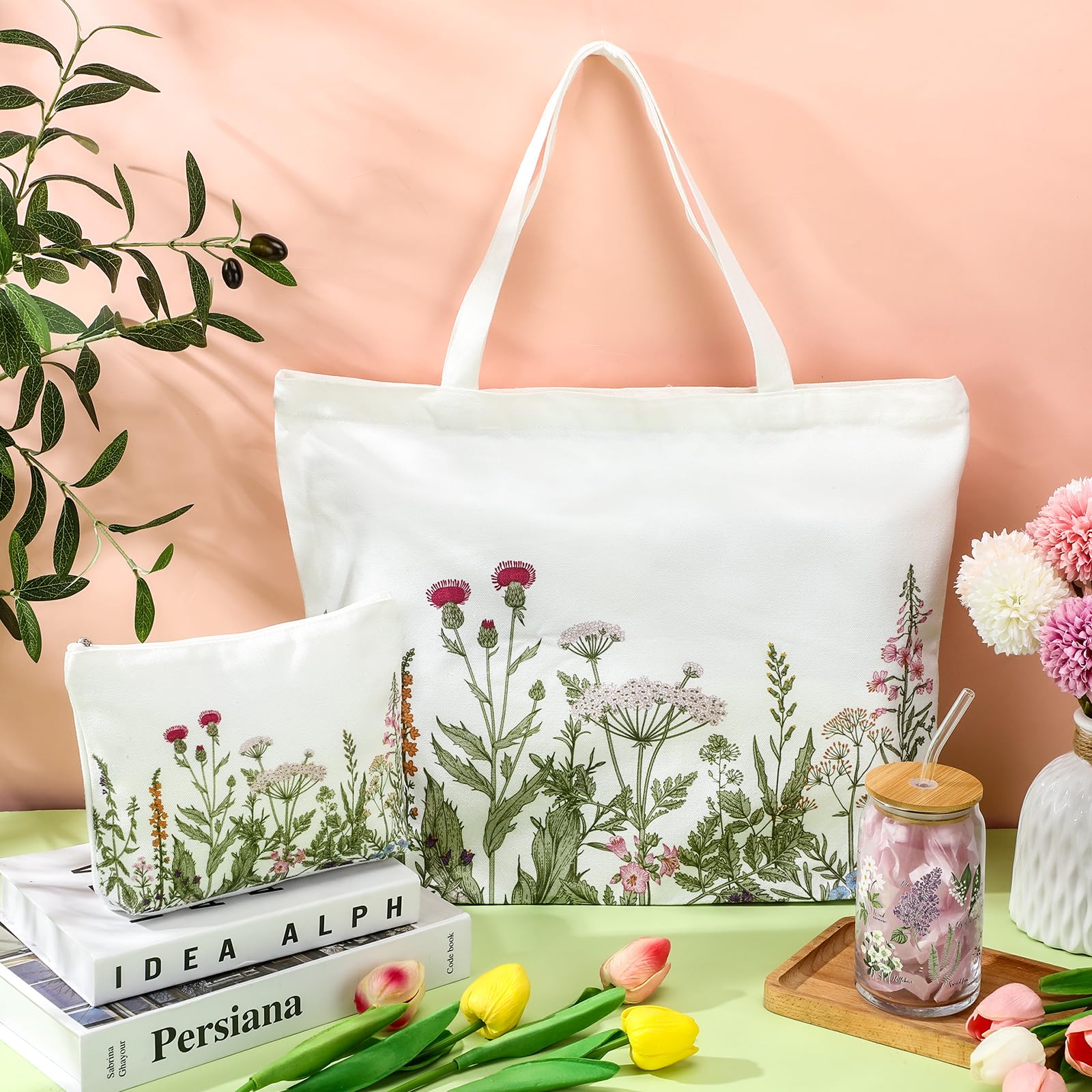 FoldTier bolso tote de lienzo con diseño floral, ideal para el día a día.