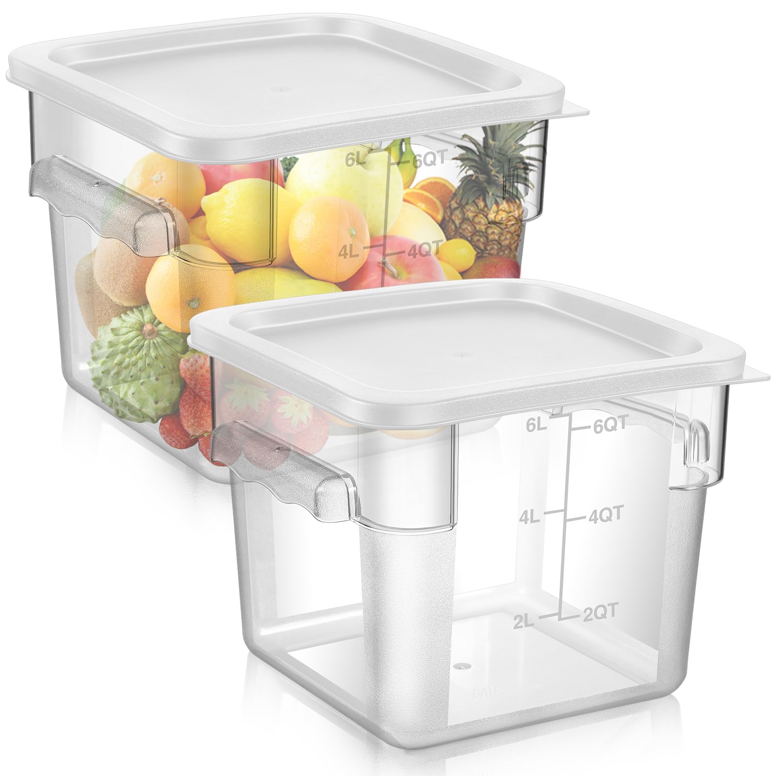 FoldTier contenedor 6qt transparente con tapa blanca, fácil vista del contenido.