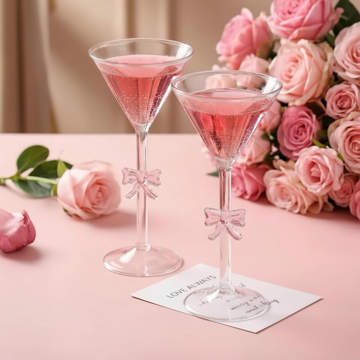 FoldTier vasos Martini con lazo rosado, set de dos, ideal para brindis elegantes.