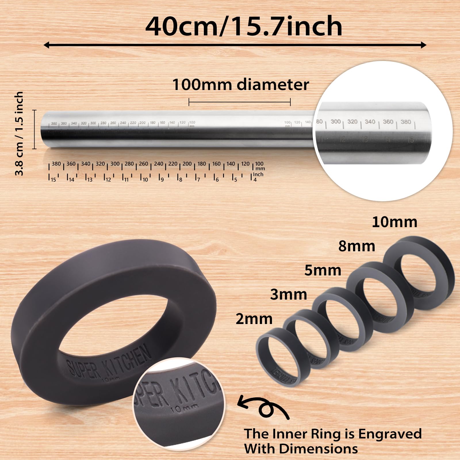 Folksy Super Kitchen rodillo ajustable con anillos de 8 mm para masas finas